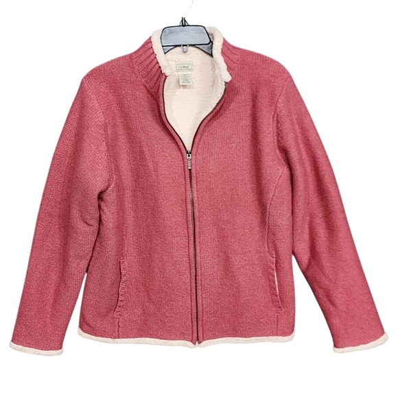 L.L. Bean Jackets & Blazers - LL Bean Sweater Jacket Lambs Wool Blend Rosey Pink Sherpa Lined Full Zip Large‎